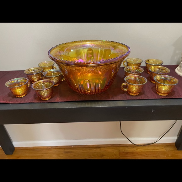 Orange carnival glass punch bowl set!